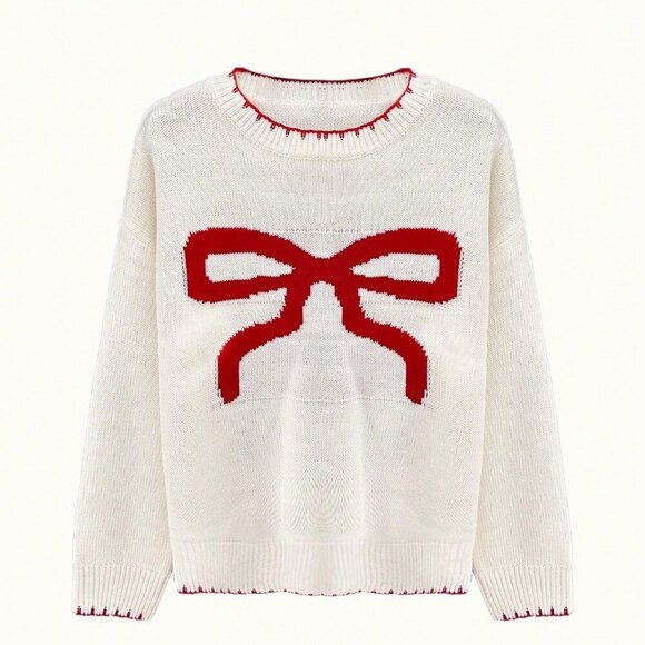 White Casual Women's Butterfly Knit Jacquard Long Sleeve Pullover Sweater - Picture 5 of 6